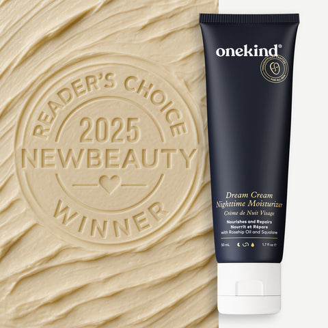 Onekind Dream Cream Nighttime Moisturizer tube with 'Reader's Choice 2025 New Beauty Winner' stamp on beige background