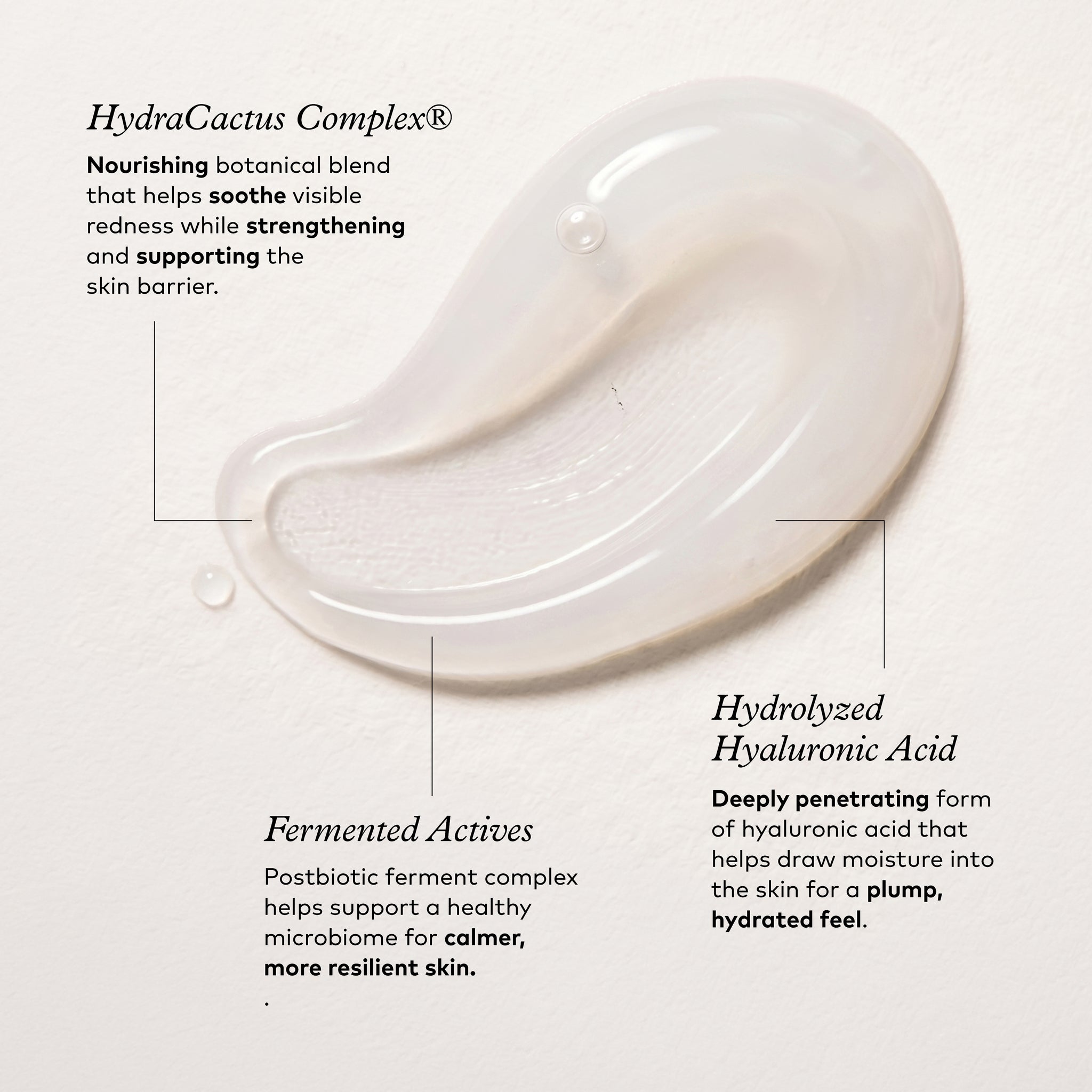 A clear, translucent cosmetic gel swatch labeled 'HydraCactus Complex' on a white textured background, with callout text describing its botanical blend, hydrated hyaluronic acid, and fermented actives.