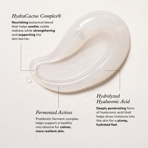A clear, translucent cosmetic gel swatch labeled 'HydraCactus Complex' on a white textured background, with callout text describing its botanical blend, hydrated hyaluronic acid, and fermented actives.
