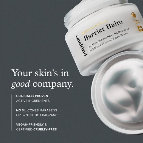 A cosmetic jar labeled 'onekind Barrier Balm' shown open on a dark gray background, with white cream visible in the container and marketing text on the left.